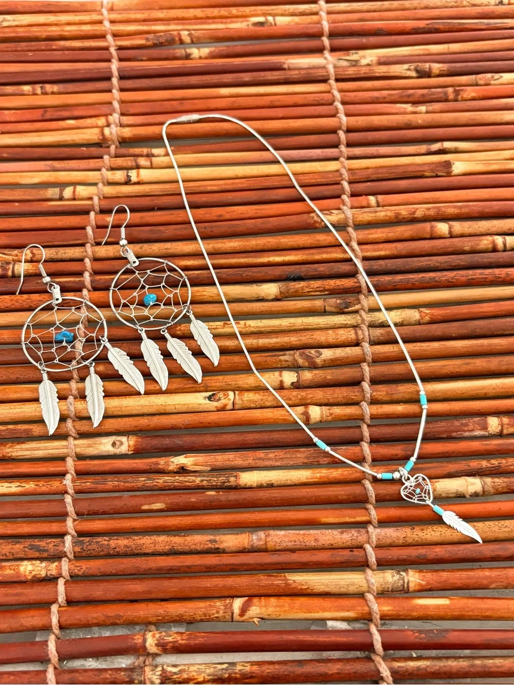 Silver Tone Dreamcatcher Necklace 16” & Earring Set with Faux Turquoise Accents